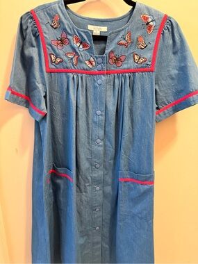 Go Softly Patio small chambray butterfly embroidered house dress cottagecore